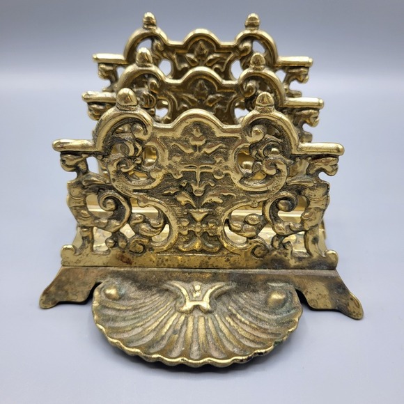Vintage Letter Holder Victorian Ornate Lacquered Brass Double Slot Shell Gold